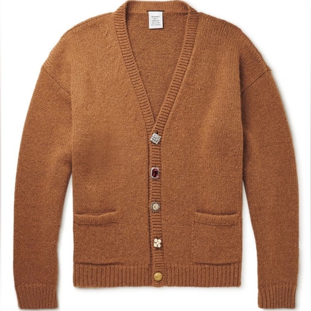 VETEMENTS crystal-buttons ribbed-knit cardigan brown unisex